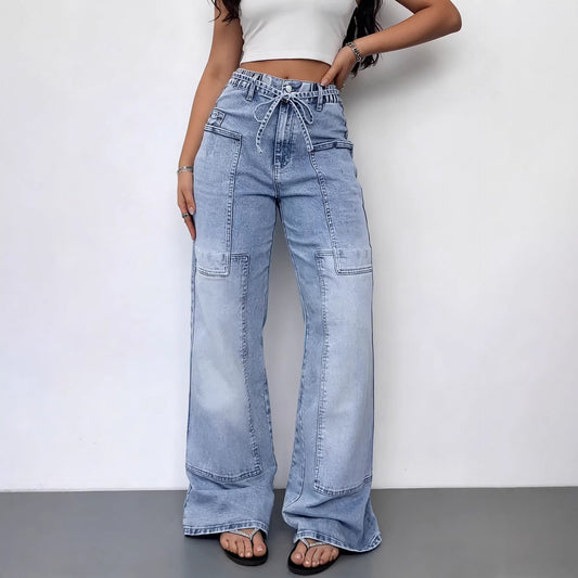 Washed Denim Jeans Vintage High Waist Wide Leg Cargo