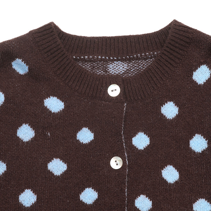 Polka Dot Knit Cardigan Button Front Long Sleeve Sweater