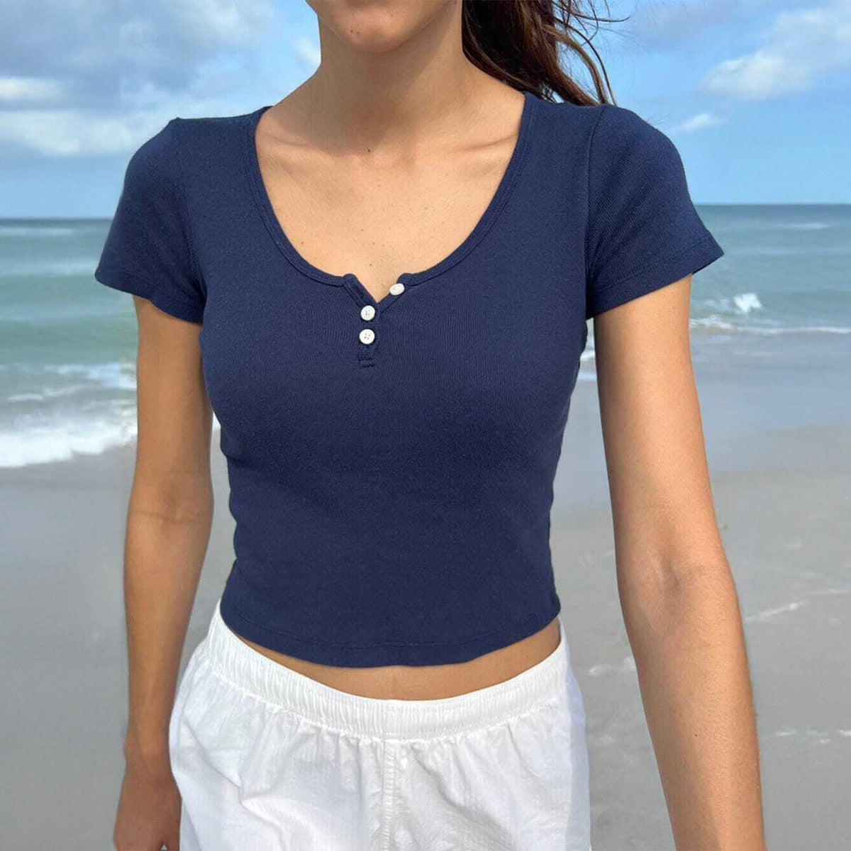 Button Casual Top Solid T-Shirts Slim Short Sleeve
