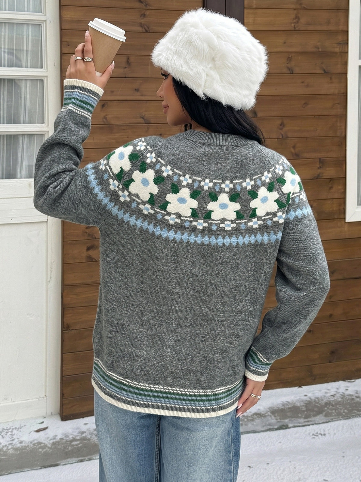 Women's Fair Isle Floral Oversized Crew Neck Sweater