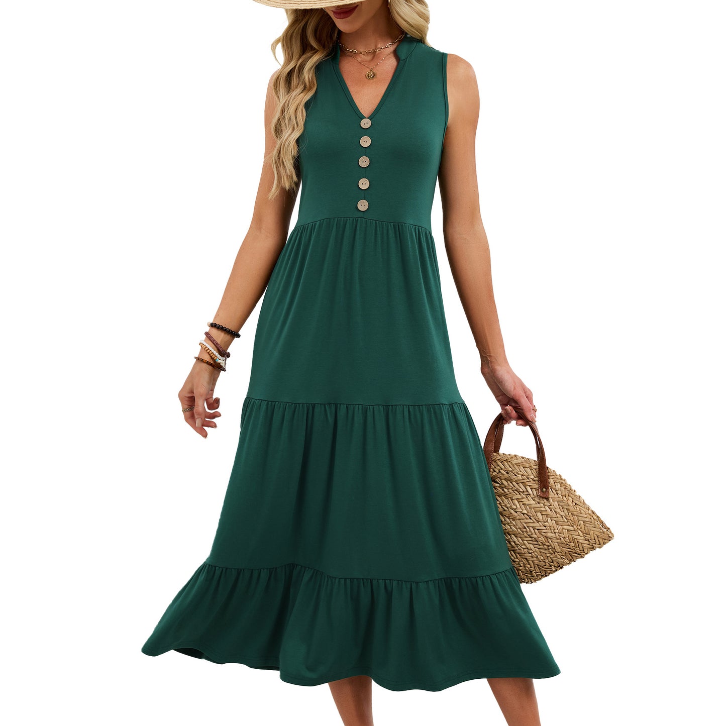 Sleeveless V Neck Button Tiered Midi Dress Casual