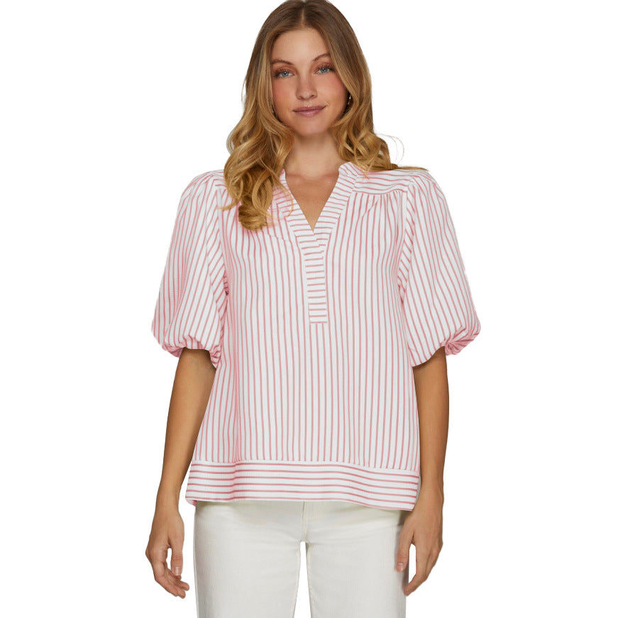 Striped V Neck Puff Sleeve Patchwork Blouse Top