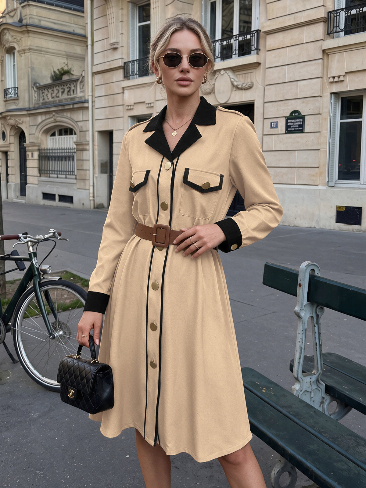 Women's Colorblock Blazer Midi Dress Belted Long Sleeve