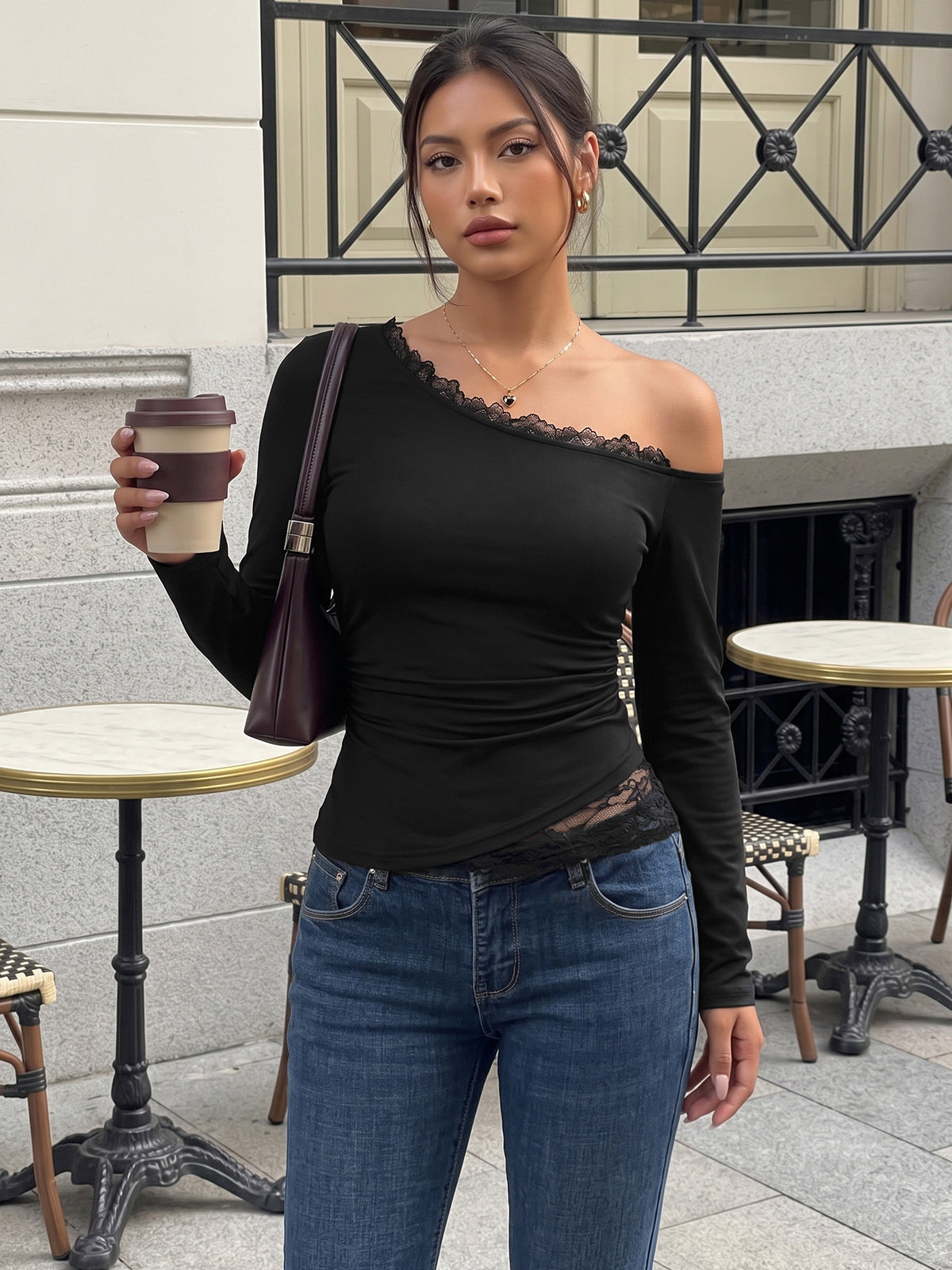 One Shoulder Lace Trim Long Sleeve Fitted Top
