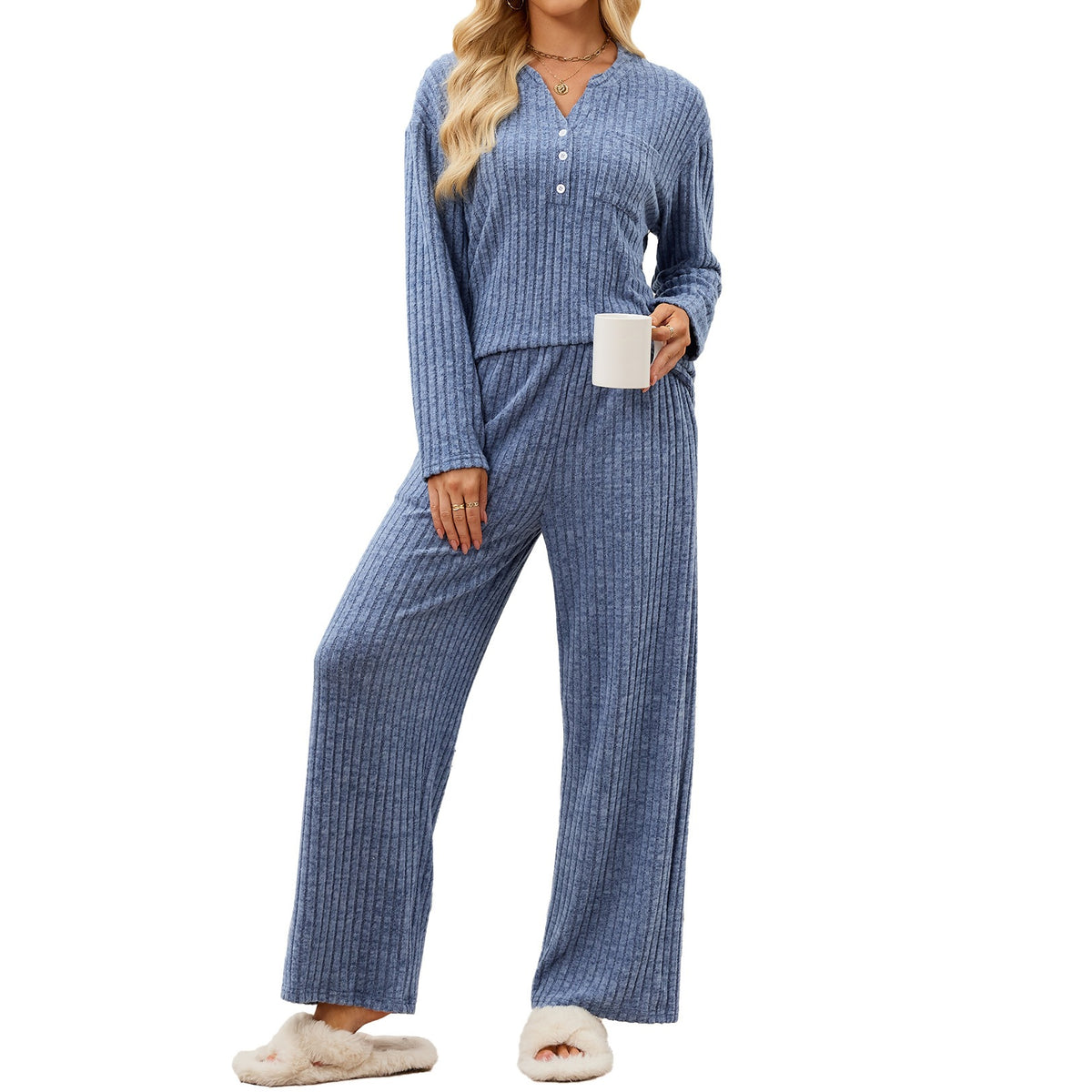 Women's Ribbed Lounge Set Button Front Wide Leg Pants