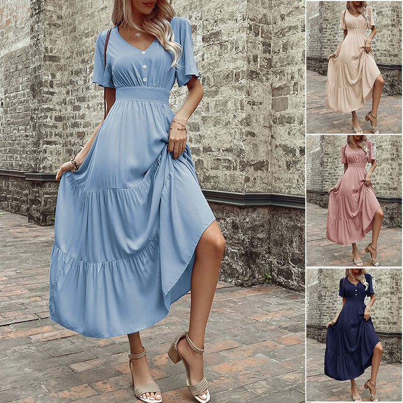 2026 Summer V Neck Smocked Waist Midi Dress