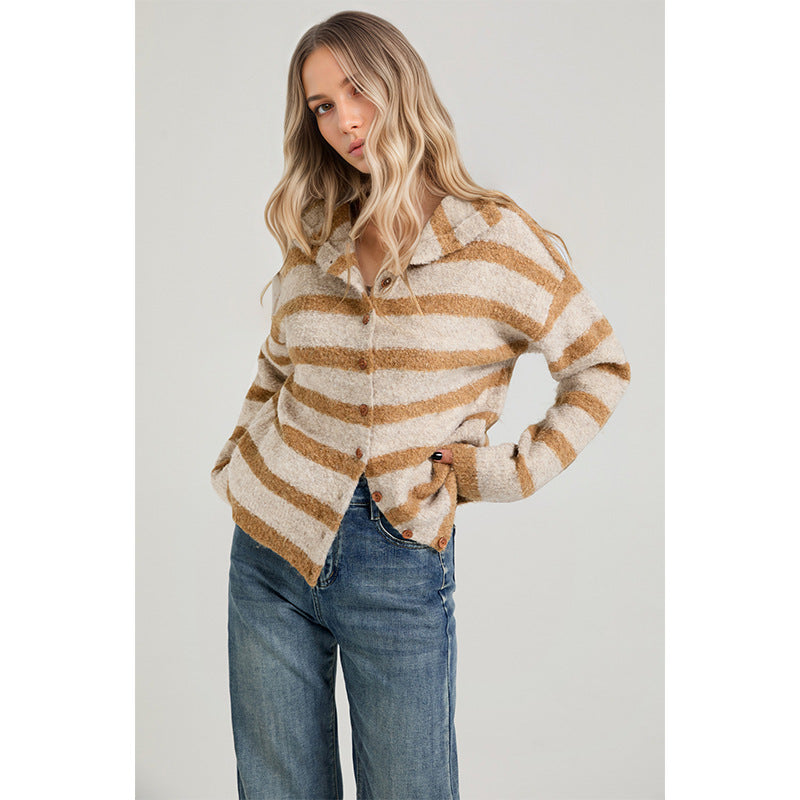 Oversized Striped Chunky Cardigan Button Front Sweater