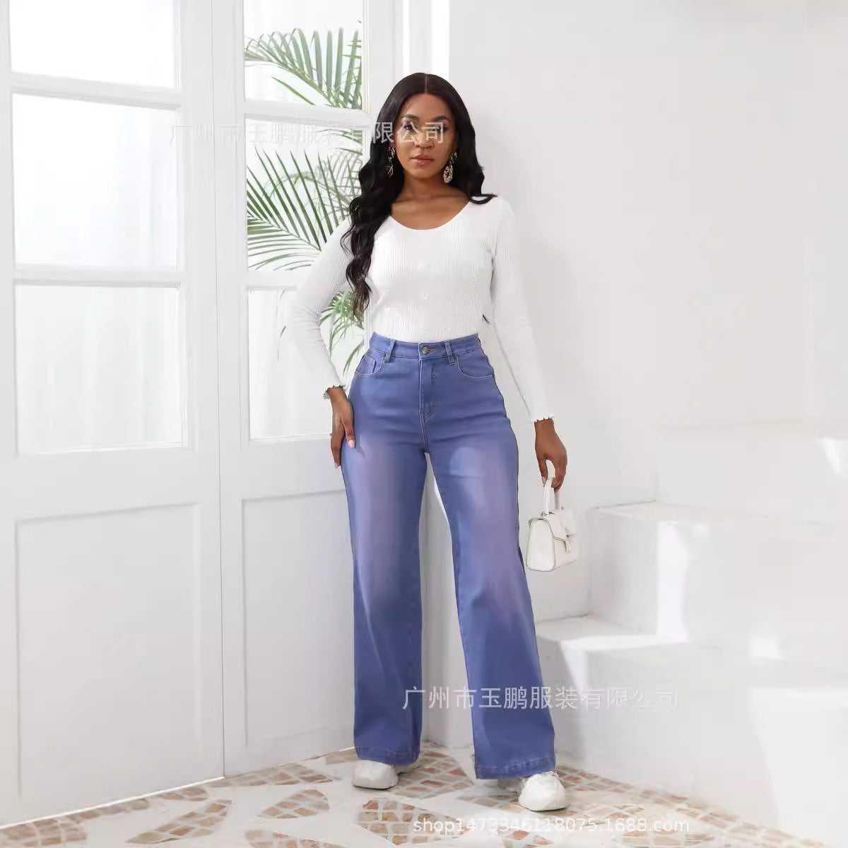 Women's Fleece Thickened Wide-leg Pants Straight High-waisted Jeans