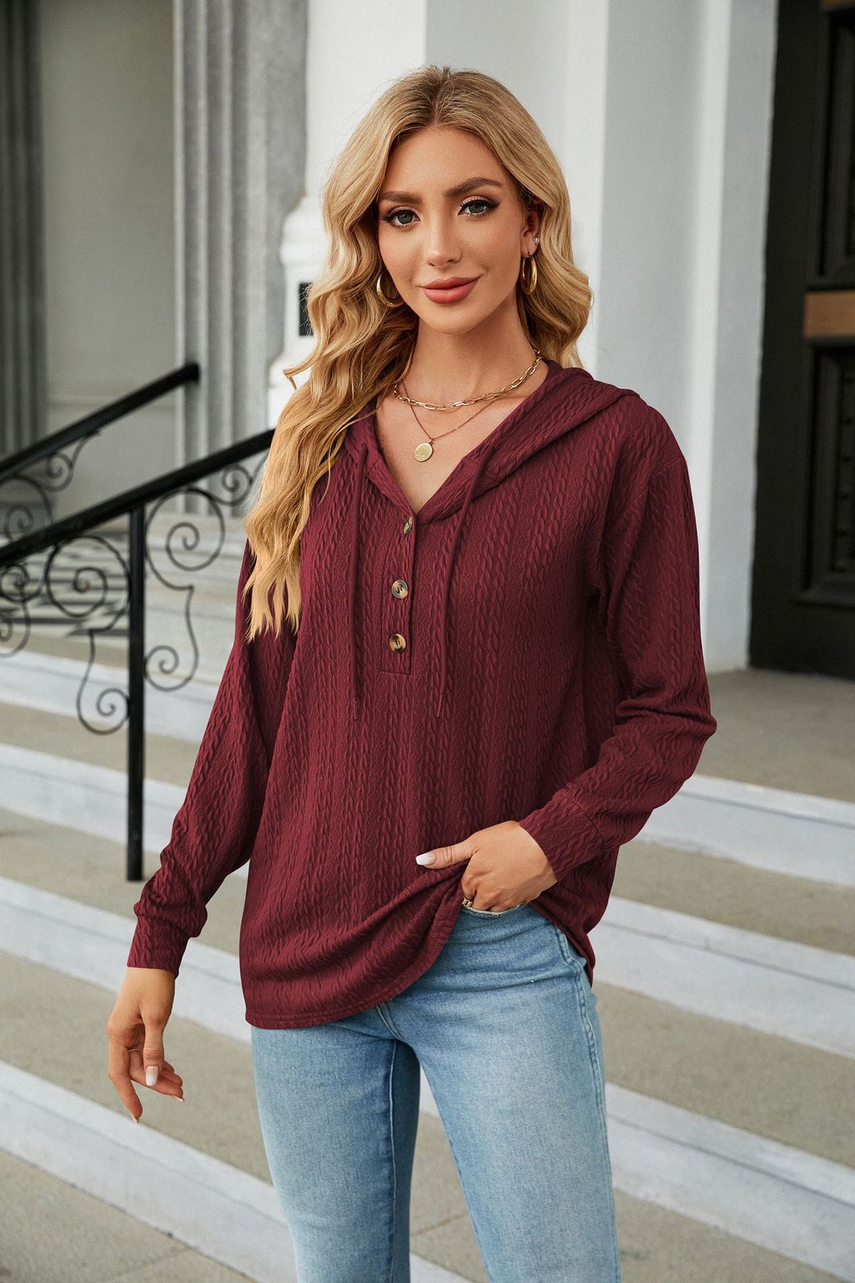 Women's Oversized Hooded Button V-Neck Long Sleeve Sweater