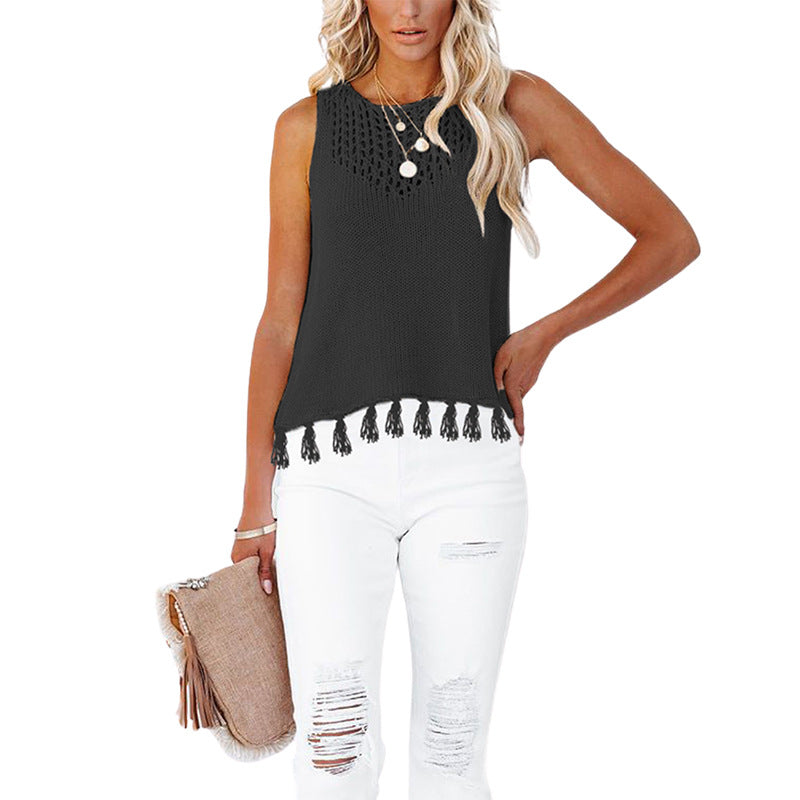 Sleeveless Hollow Knit Tassel Hem Tank Top for Summer