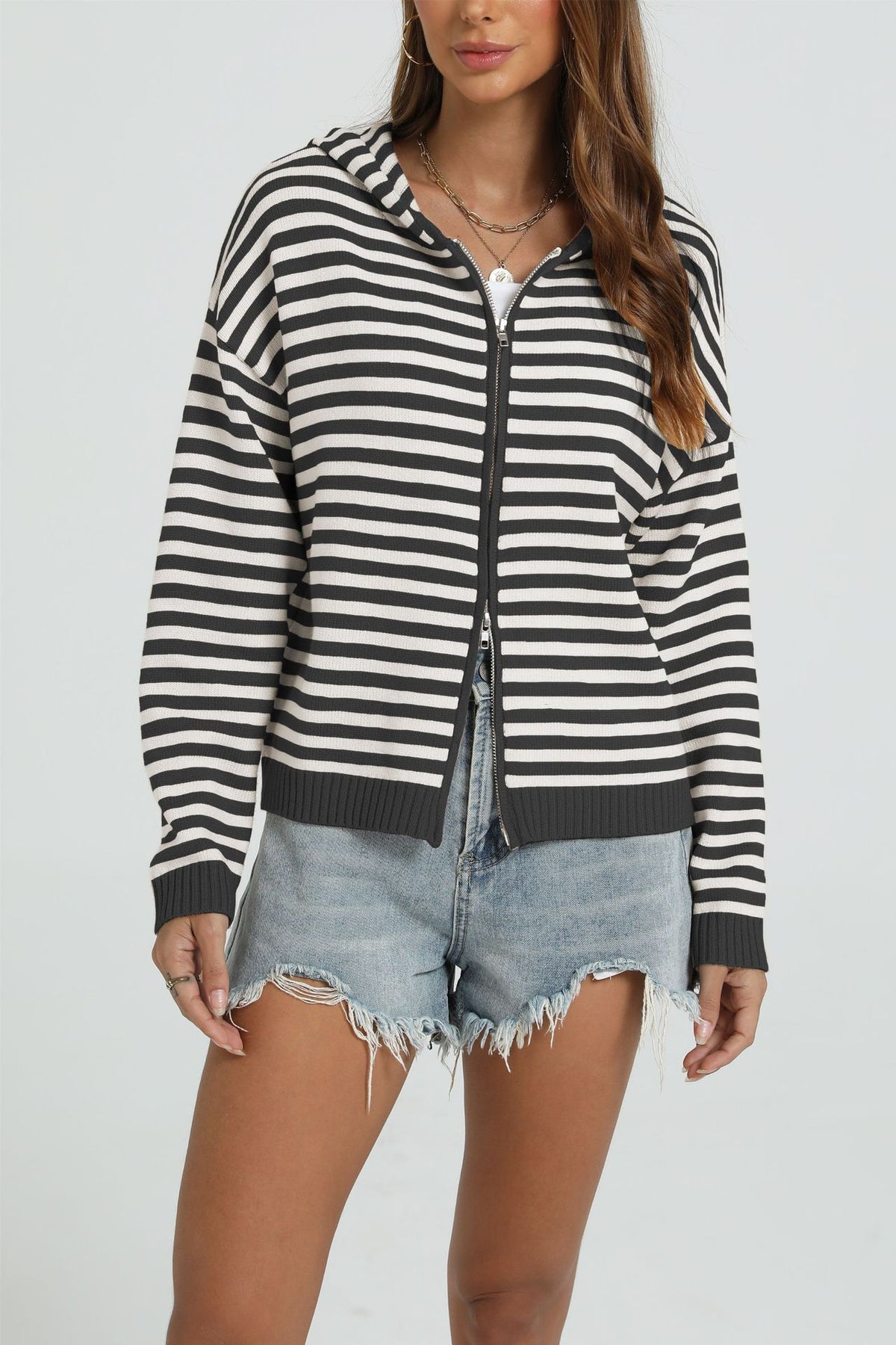 Women's Striped Hooded Zip-Up Cardigan Sweater