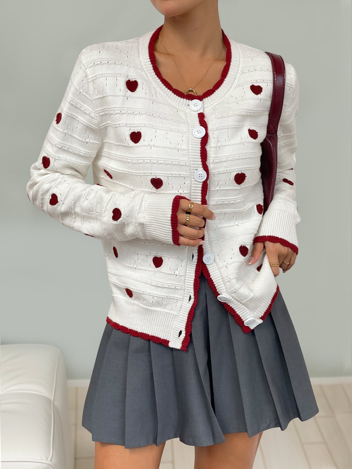 Heart Pattern Knit Cardigan Contrast Trim Long Sleeve