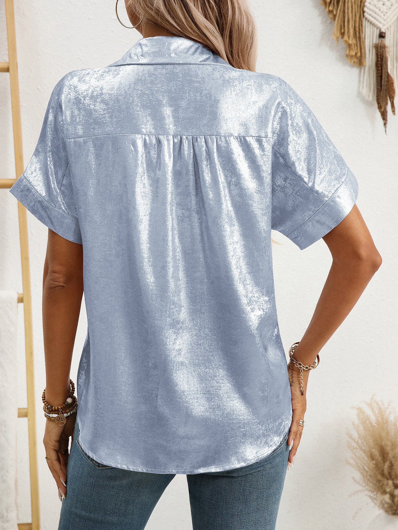 Shiny Metallic Buttoned Shirt with Relaxed Fit for Summer