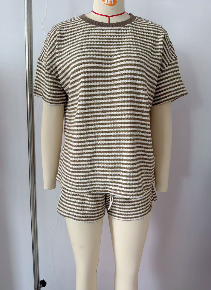 Striped Knit Shorts Set Casual Drawstring Lounge