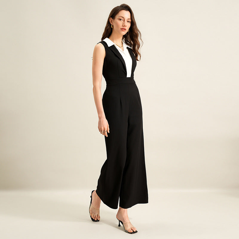 Black White Colorblock Sleeveless Wide Leg Jumpsuit