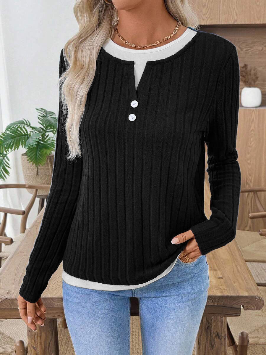 Solid Brushed Knit Top Casual Ribbed Henley Tee