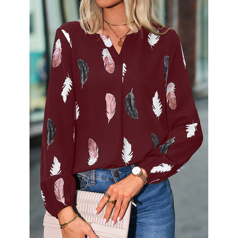 Women's Feather Print V-Neck Long Sleeve Blouse
