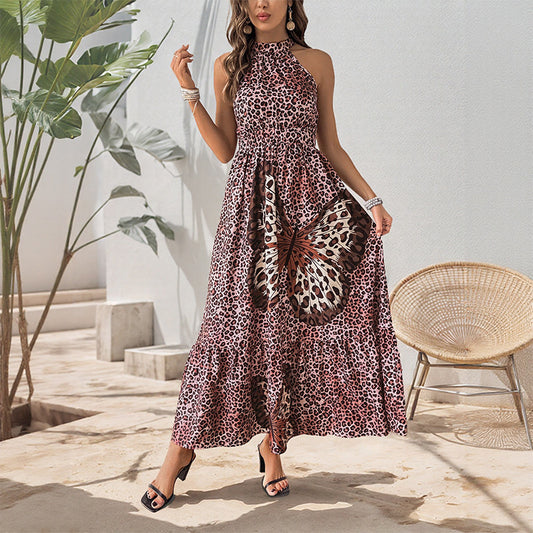 Butterfly Leopard Print Halter Maxi Dress Women
