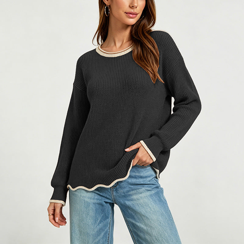 Women's Scalloped Hem Contrast Trim Pullover Sweater