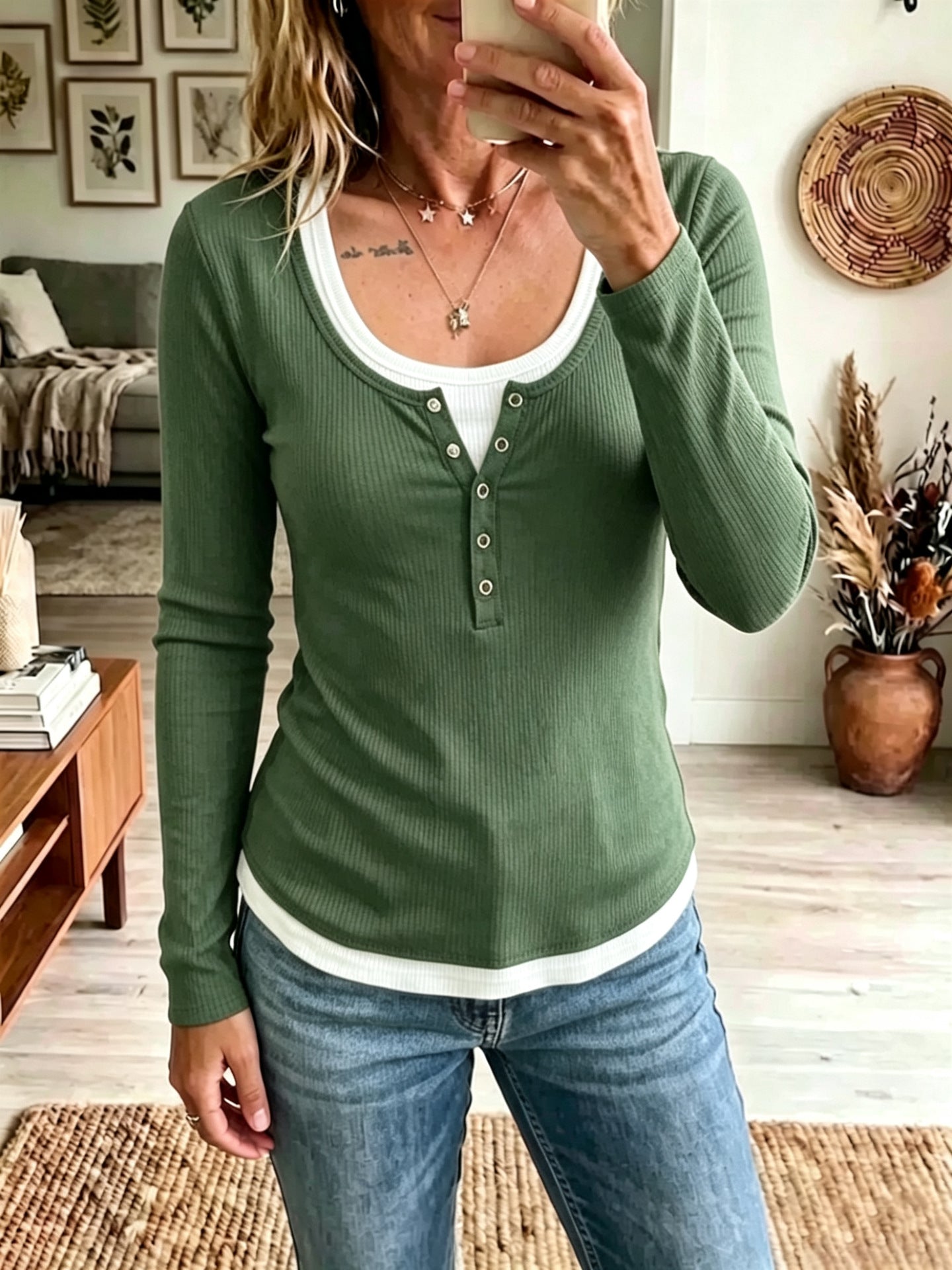 Ribbed Henley Top Layered Look Long Sleeve