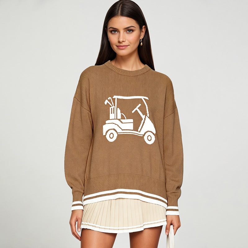 Women's Golf Cart Striped Crewneck Knit Sweater