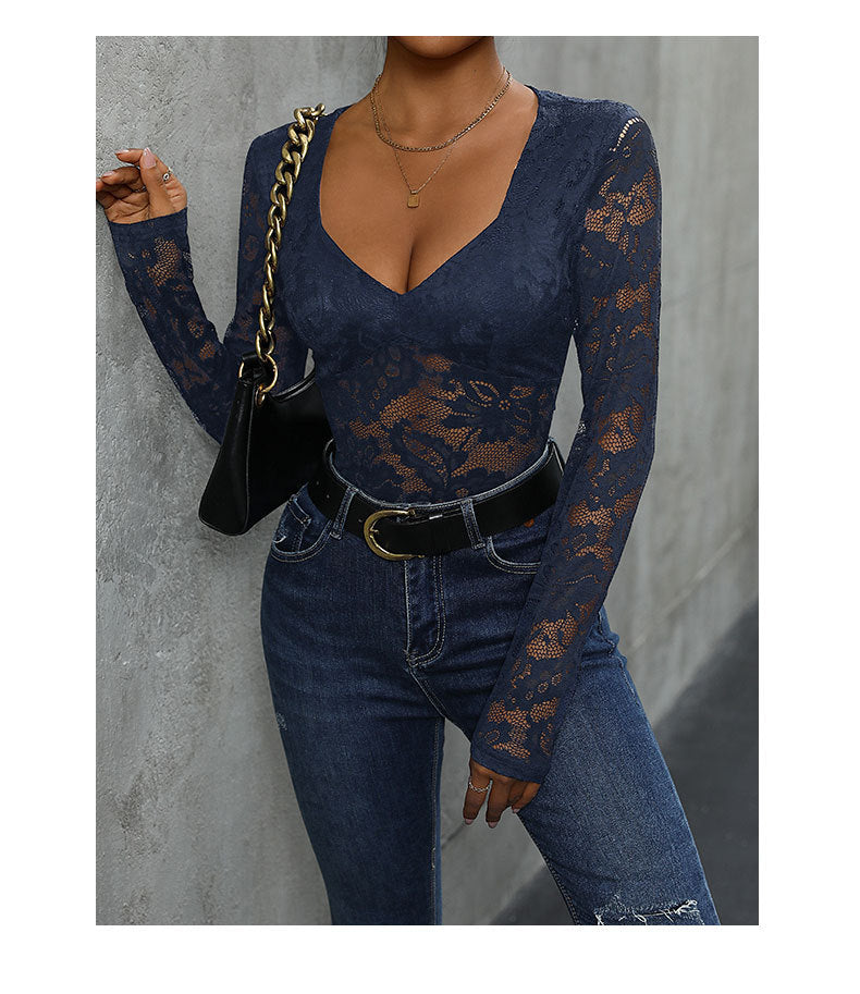 Floral Lace Long Sleeve V Neck Bodysuit