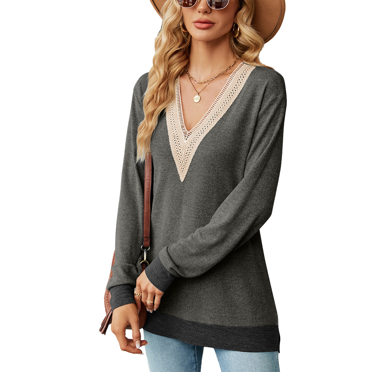 Lace V Neck Color Block Long Sleeve Tunic Top Side Split