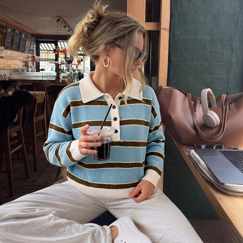 Striped Acrylic Sweater Preppy Polo Collar Relaxed Fit