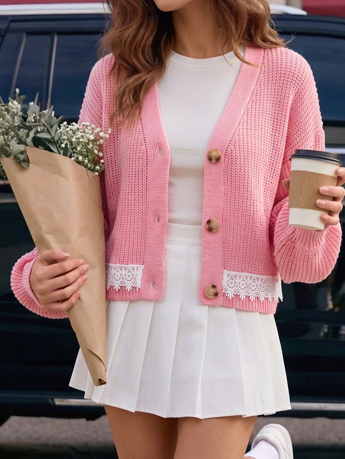 Womens Chunky Knit Lace Trim Cropped Cardigan