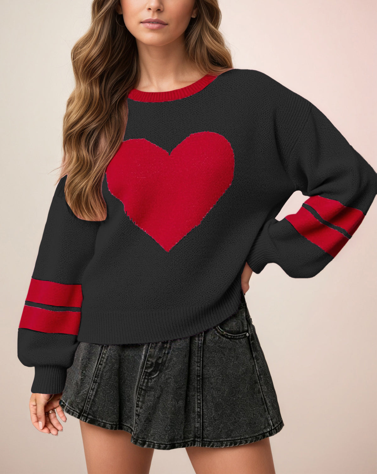 Valentine Heart Sweater Women Oversized Color Block Knit