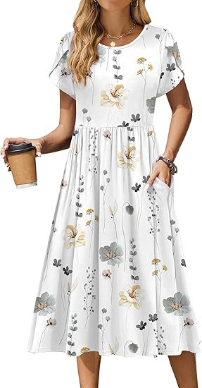 Boho Floral Midi Dress for Women Round Neck Short Sleeve
