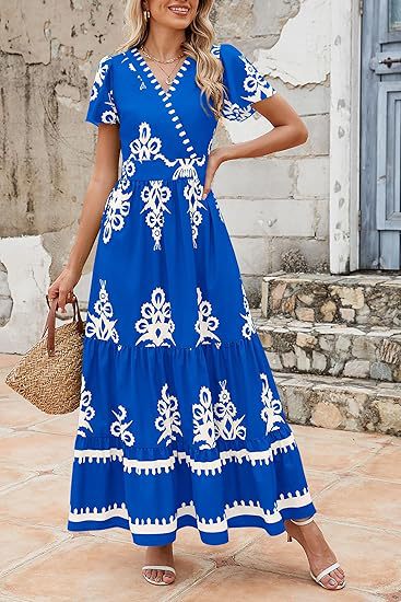 V Neck Floral Print Maxi Dress with Short Sleeves and Pockets