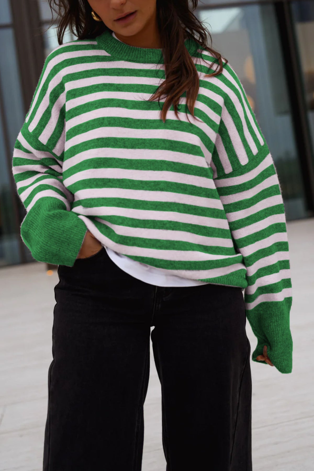 Oversized Striped Color Block Crewneck Knit Sweater