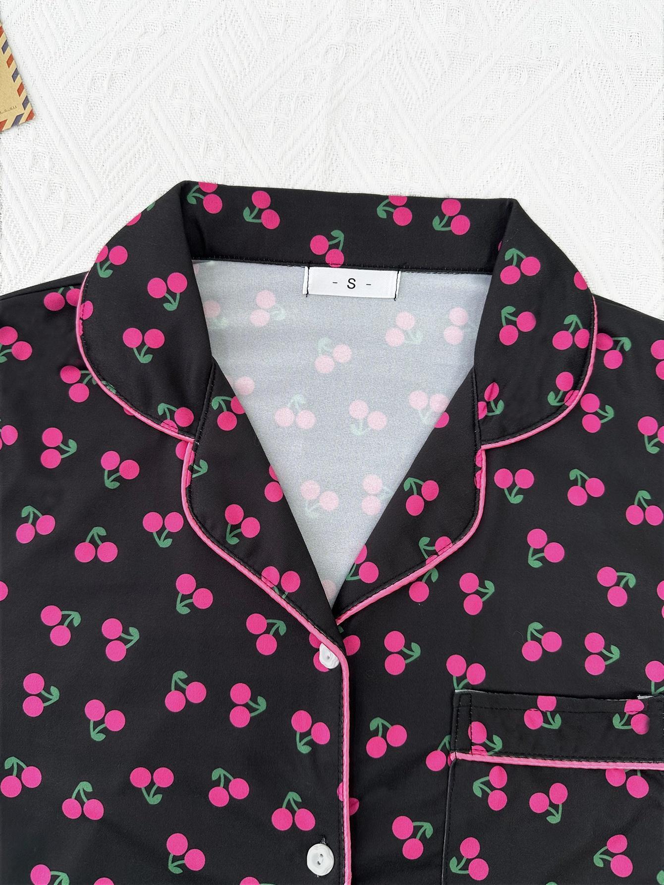 Cherry Print Short Sleeve Button Pajama Set for Women