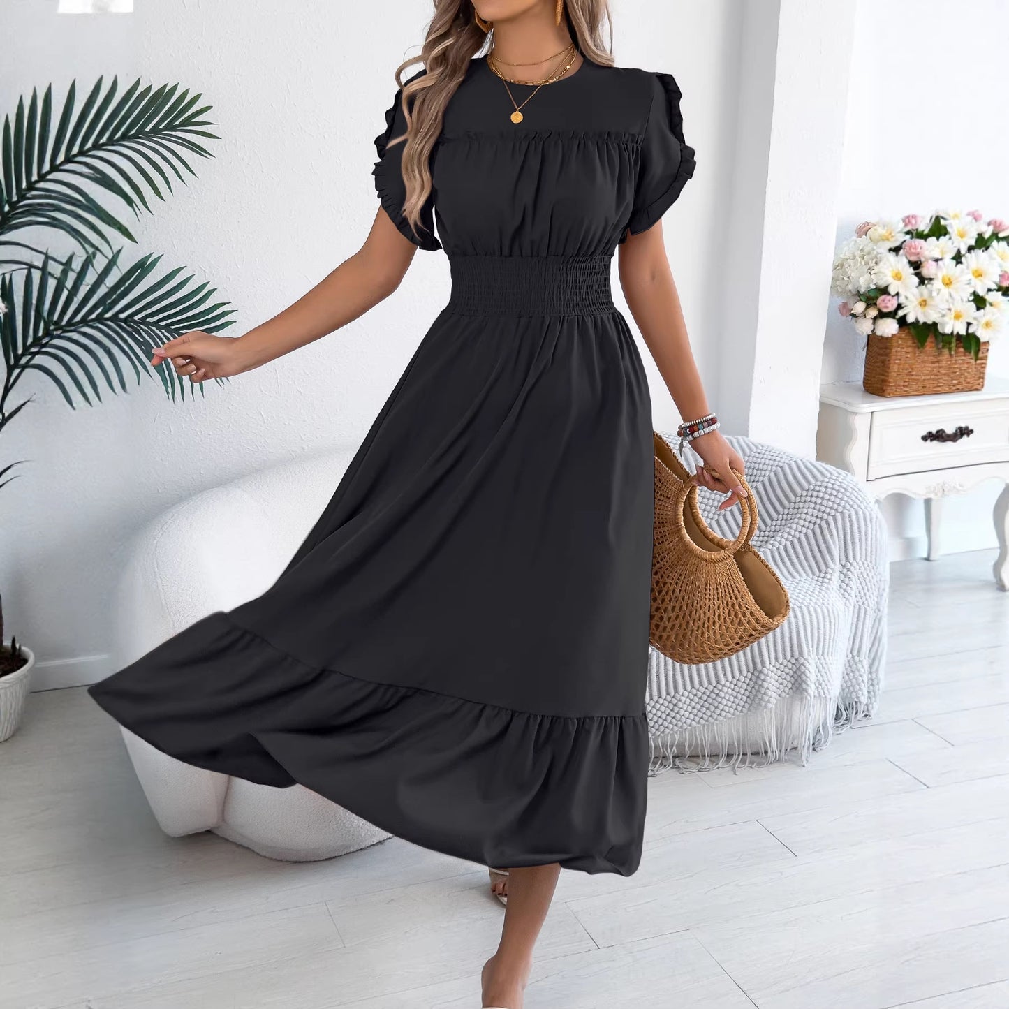 Green Smocked Waist Ruffle Hem Short Sleeve Maxi Dress