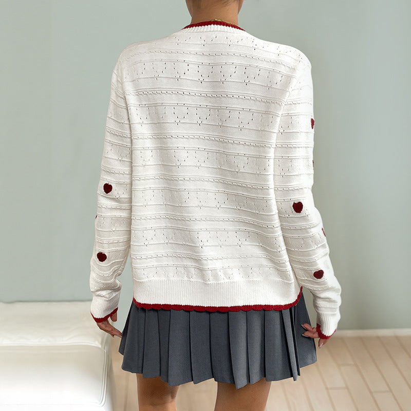 Heart Pattern Knit Cardigan Contrast Trim Long Sleeve