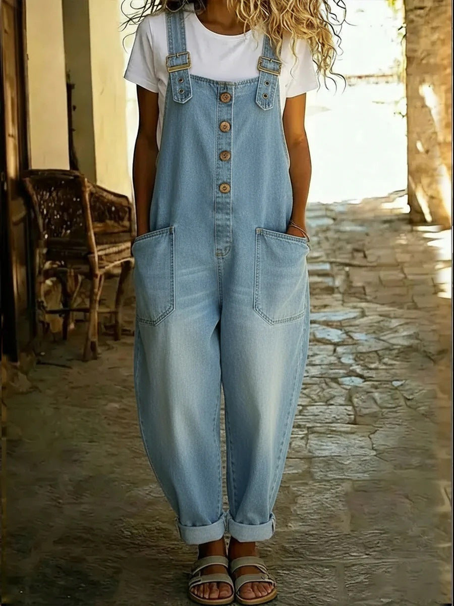 Washed Denim Overalls Adjustable Strap Relaxed Fit