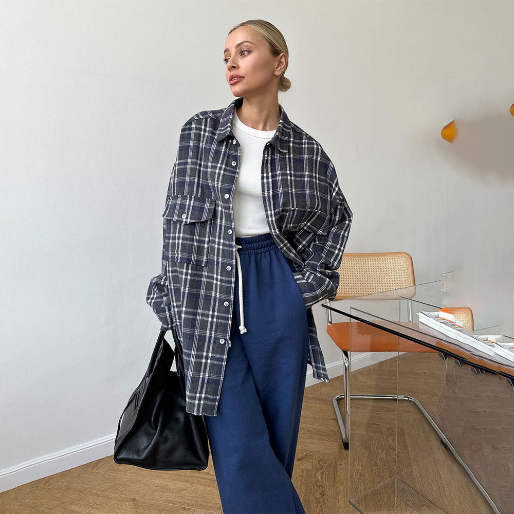 Plaid Button-Down Shirt with Flap Pockets  Oversized Fit