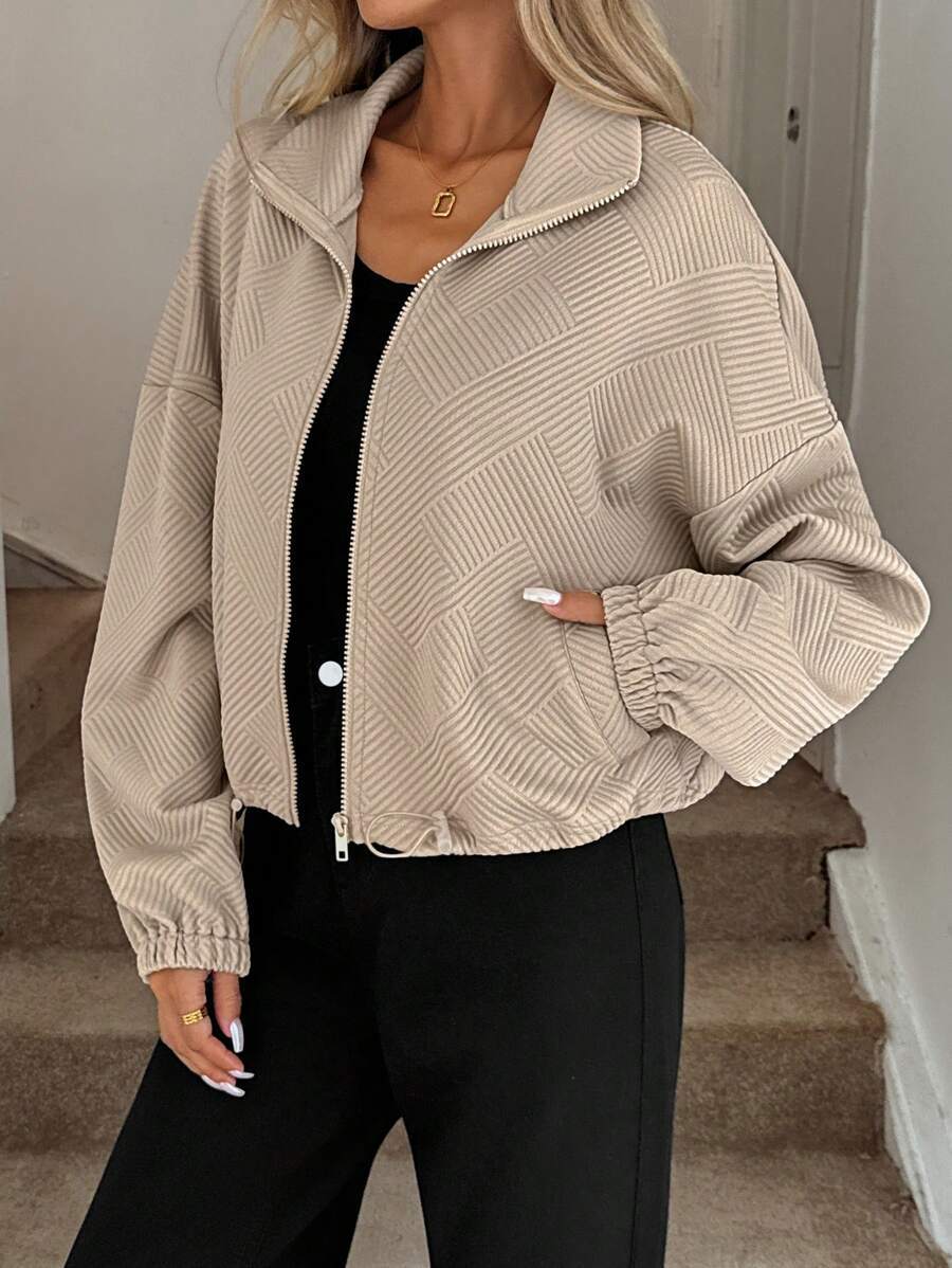Textured Polyester Jacket Casual Bomber Oversized Zip Up