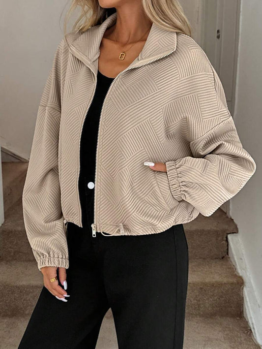 Textured Polyester Jacket Casual Bomber Oversized Zip Up