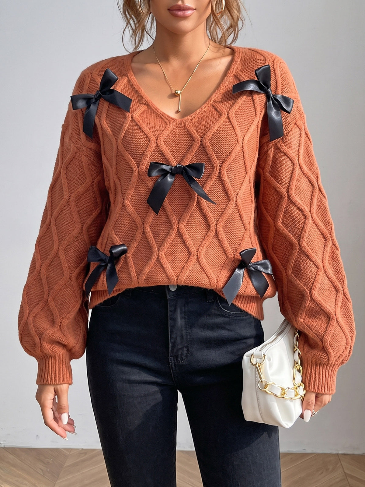 Women's Bow V-Neck Cable Knit Balloon Sleeve Sweater