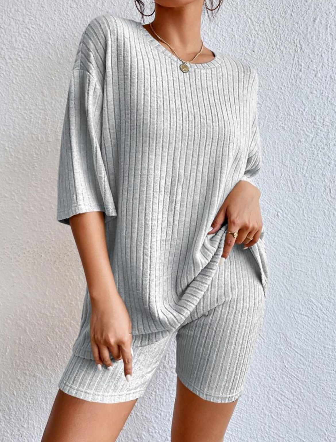 Ribbed Knit Two Piece Set Oversized Top & Biker Shorts