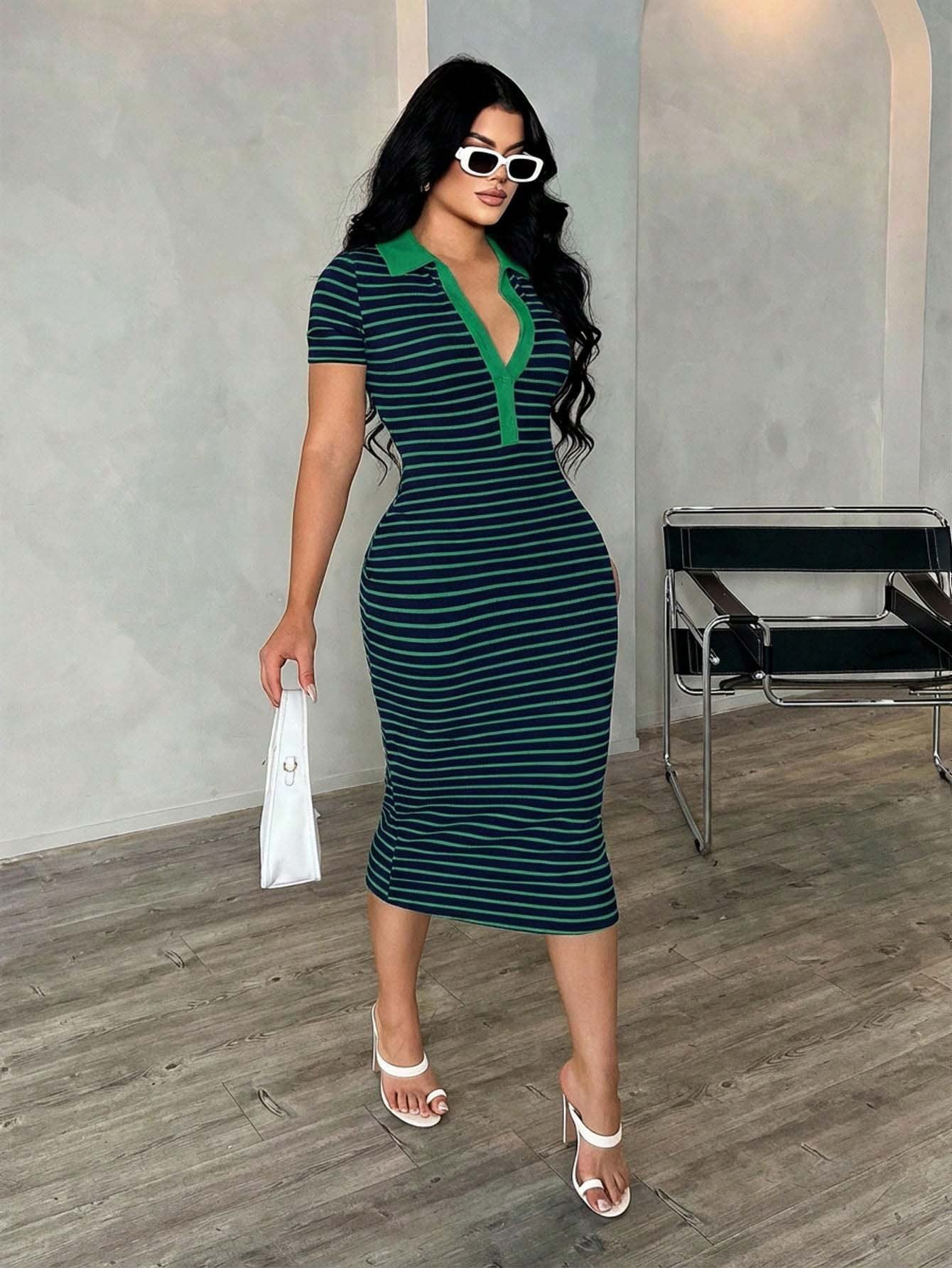 Striped Polo Collar Bodycon Midi Dress Short Sleeve Casual  Wear