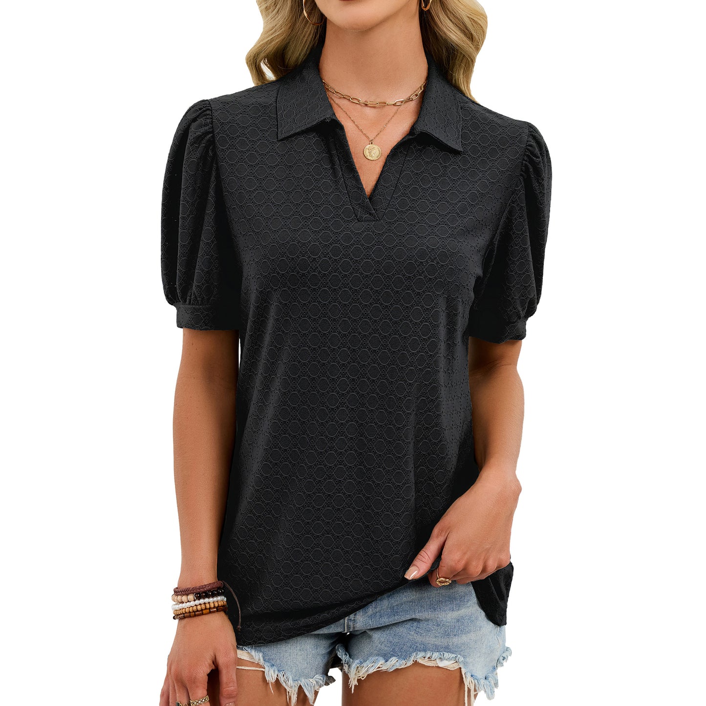 Eyelet Puff Sleeve V Neck Polo Blouse Casual Chic