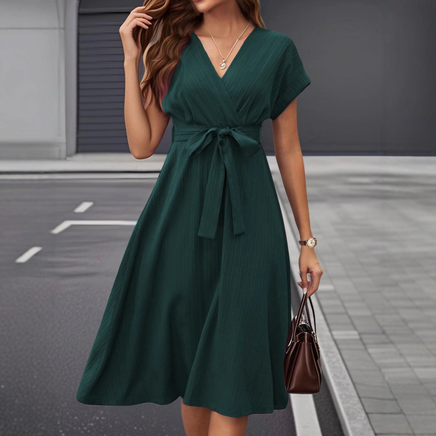 Women’s V Neck Tie Waist Midi Dress Short Sleeve