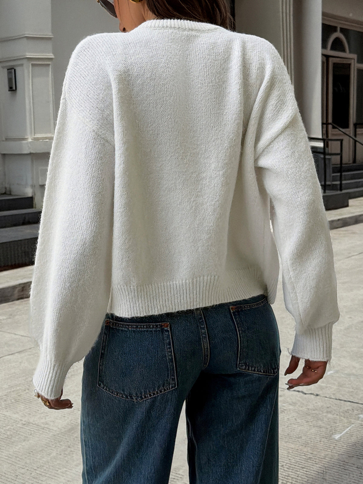 Cropped Cardigan Balloon Sleeve Button Front Cozy Sweater