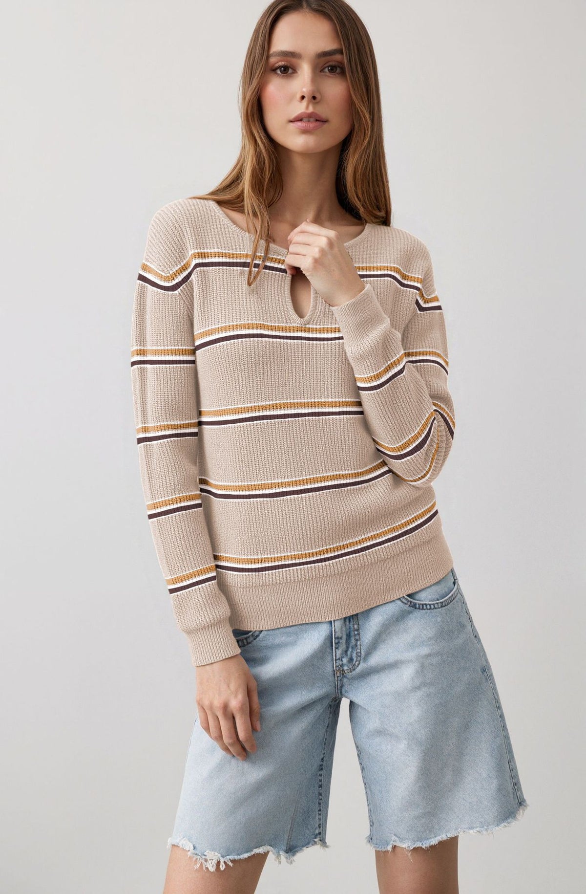 Women's Striped Long Sleeve Keyhole Knit Sweater