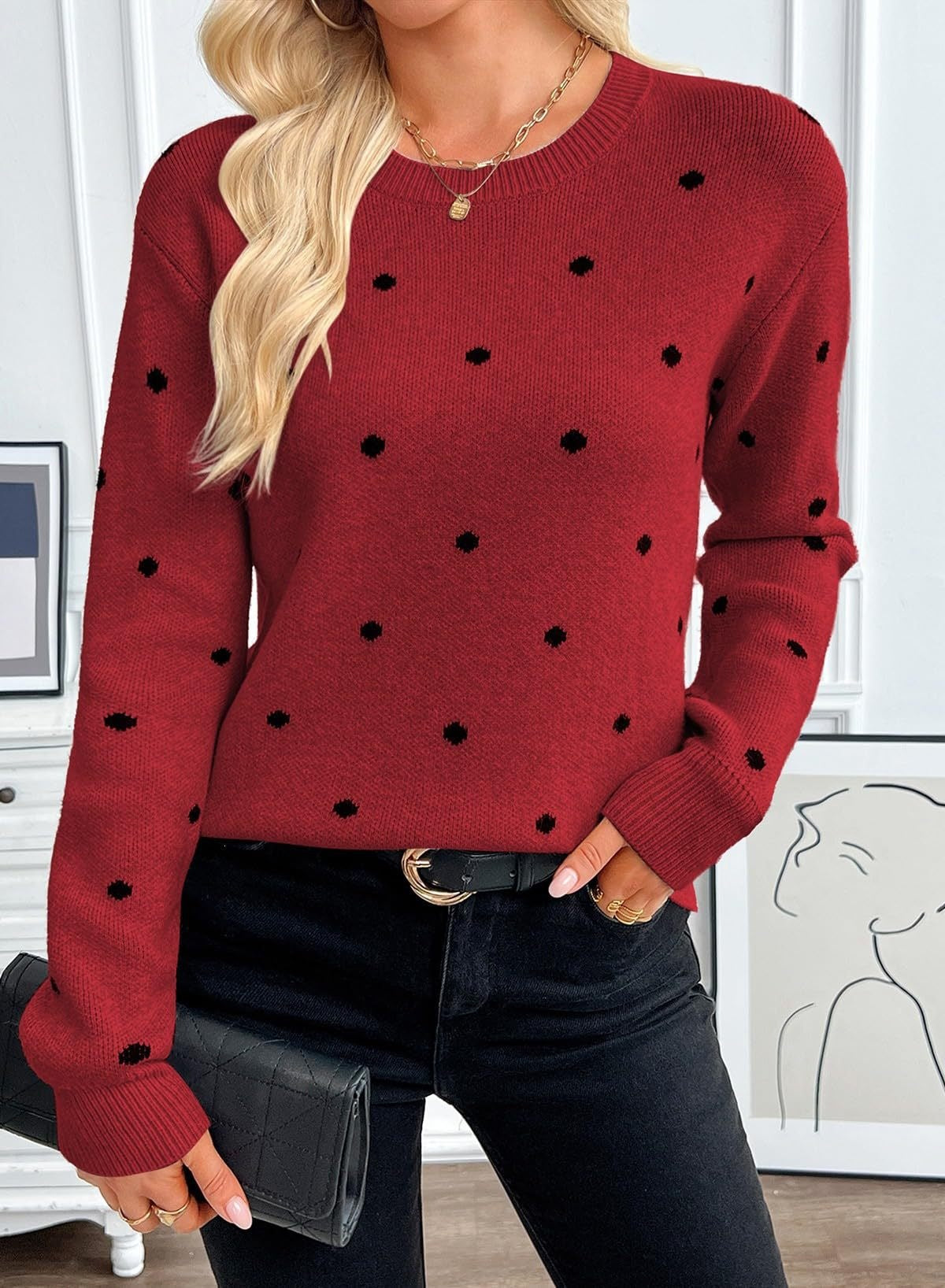 Polka Dot Knit Sweater Crew Neck Long Sleeve Top