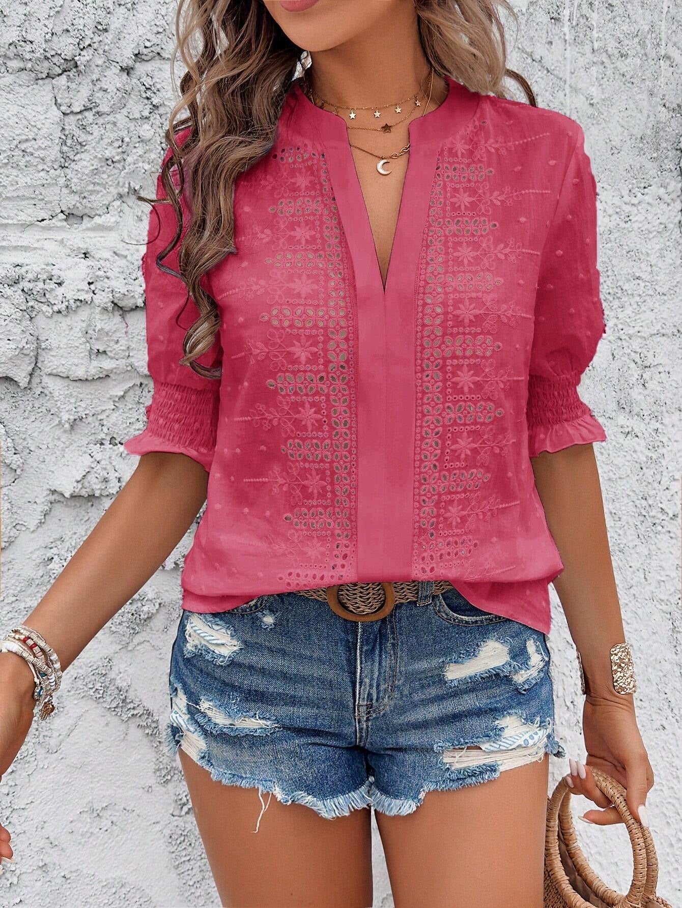 Hollow Out  V Neck Puff Sleeve Boho Blouse