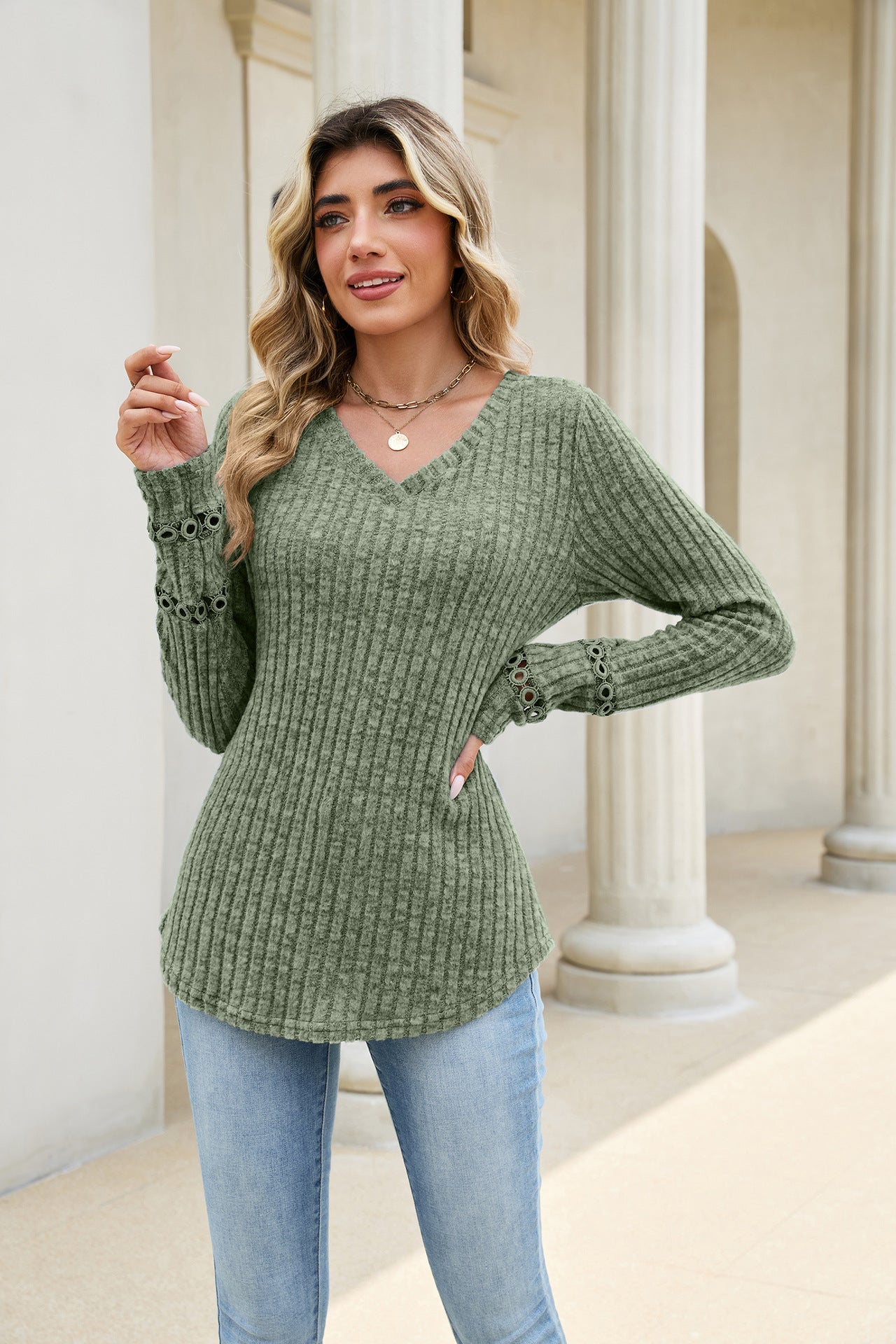 Solid Ribbed Knit Top V Neck Trendy Long Sleeve